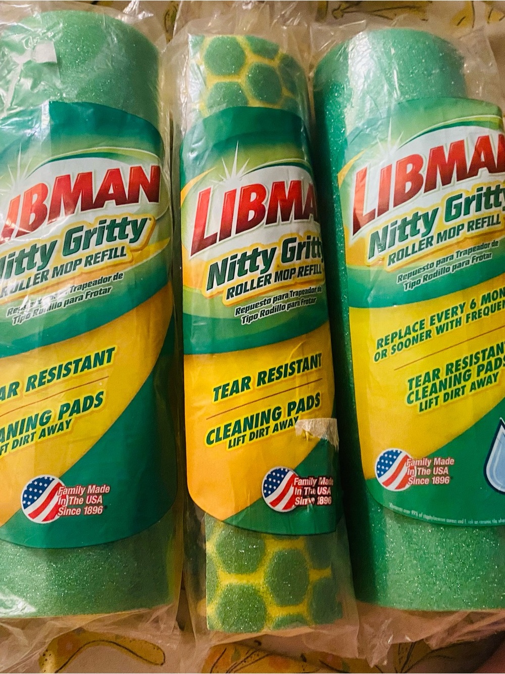 Libman Nitty Gritty Roller Mop Refills - Green & Yellow PACK OF 3 Made in USA